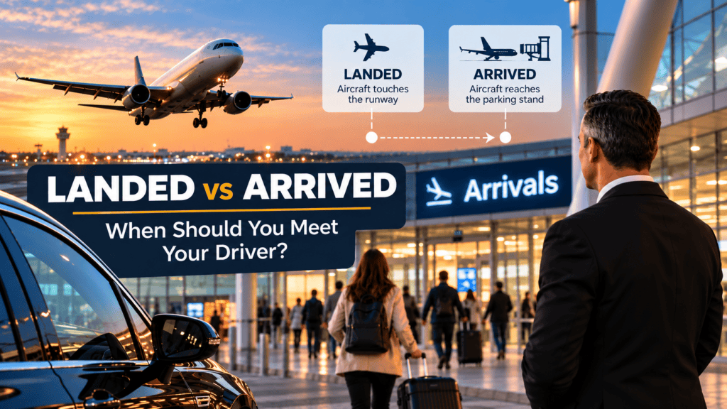 Landed vs Arrived airport pickup meeting time explained by Tony Cars